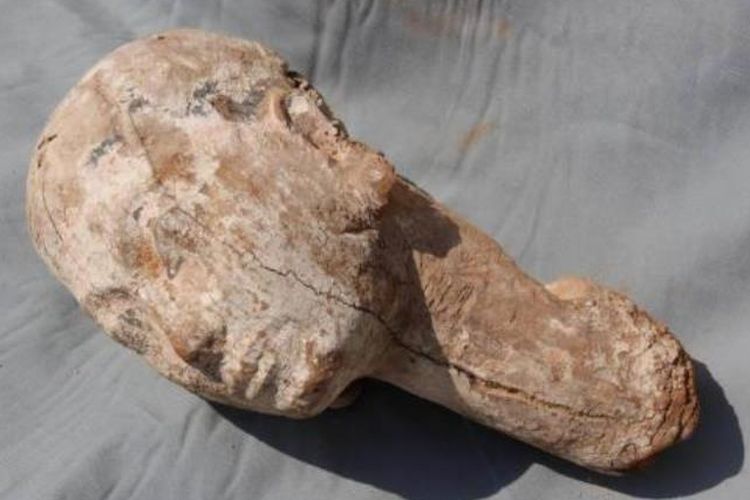 Arkeolog menemukan patung kepala terbuat dari kayu di Mesir. Patung ini diduga berasal dari dinasti keenam Mesir Kuno. (Egypts Ministry of Antiquities/UPI)