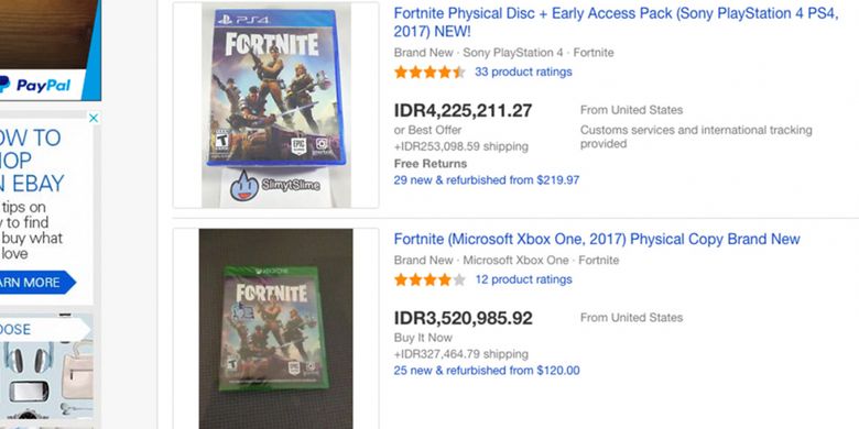 Sejumlah listing di eBay yang menawarkan game Fortnite edisi fisik untuk konsol PS4 dan Xbox One.