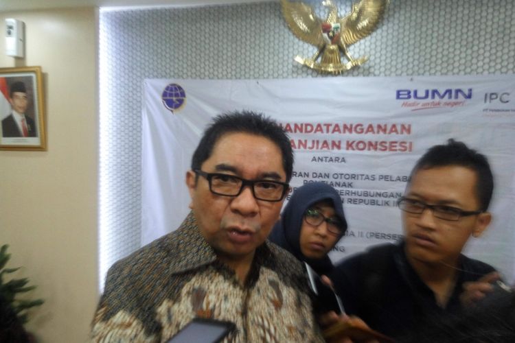 Direktur Utama IPC, Elvyn G Masassya di Kantor Kemenhub, Kamis (12/7/2018).