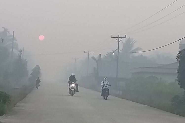 Kabut asap kebakaran hutan dan lahan (karhutla) yang melanda Kecamatan Rupat, Kabupaten Bengkalis, Riau, Senin (25/2/2019).