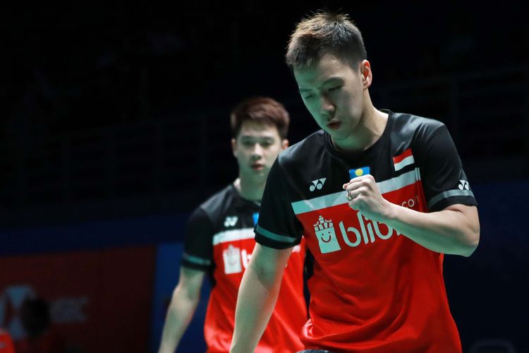 Pasangan ganda putra Indonesia, Marcus Fernaldi Gideon/Kevin Sanjaya Sukamuljo, saat menjalani laga babak pertama Malaysia Open 2019, di Axiata Arena, Kuala Lumpur, Malaysia, Rabu (3/4/2019).