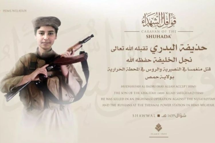 Sebuah gambar yang dirilis ISIS cabang Homs, Wilayah Hims, untuk menunjukkan putra pemimpin ISIS Abu Bakr Al Baghdadi, Hudhayfah Al Badri, yang disebut tewas pada Selasa (3/7/2018). (Newsweek)