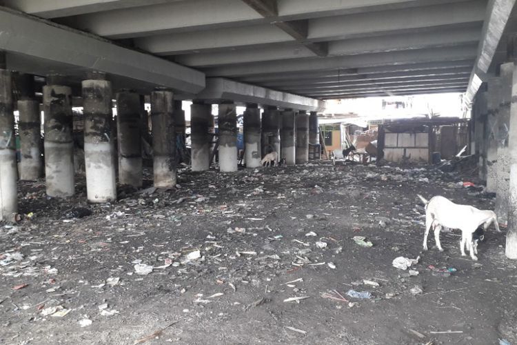 Kondisi kolong Tol Ir Wiyoto Wiyono di Papanggo yang kotor dengan sampah, Kamis (17/1/2019).