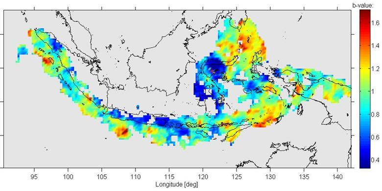 Peta distribusi spasial b-value berdasarkan data gempa bumi dalam kurun waktu 1973-2018