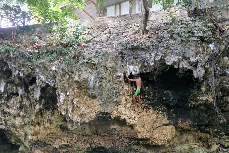 Warga memanjat tebing Goa Kontamale, Wakatobi, Sulawesi Tenggara.