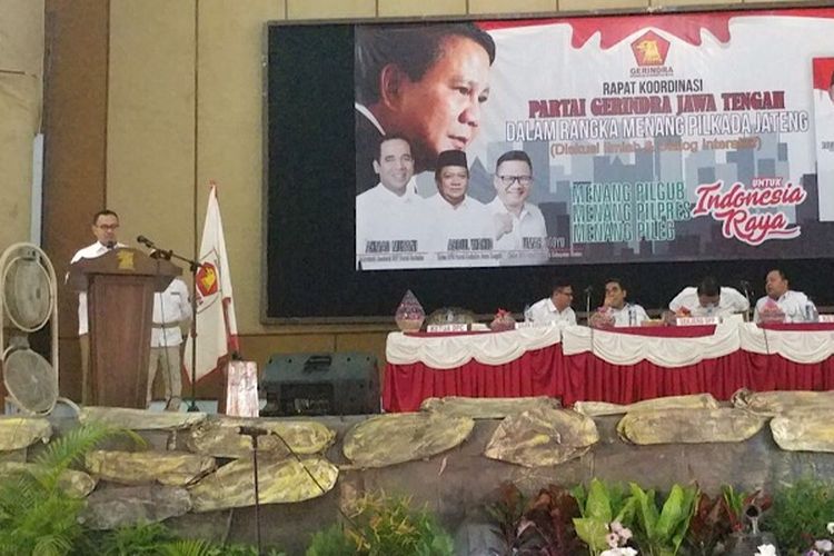 Sudirman Said saat memberikan pidato dalam acara rapat koordinasi Partai Gerindra di Brebes, Jawa Tengah.