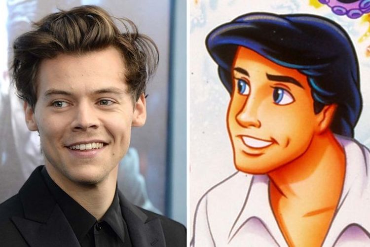 Harry Styles, mantan personel boyband One Direction (kiri) dan karakter Pangeran Eric dalam animasi The Little Mermaid (kanan).