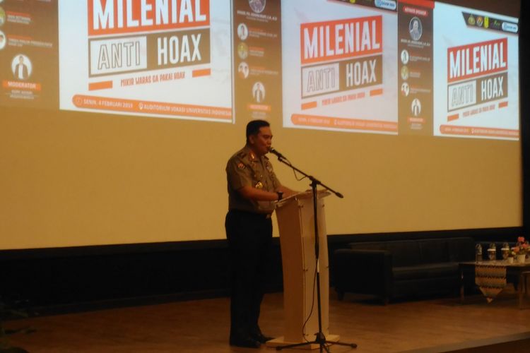 Kepala Divisi Humas Polri Irjen Muhammad Iqbal dalam seminar bertajuk Milenial Anti Hoaks di Vokasi UI Depok, Jawa Barat, Senin (4/1/2019).