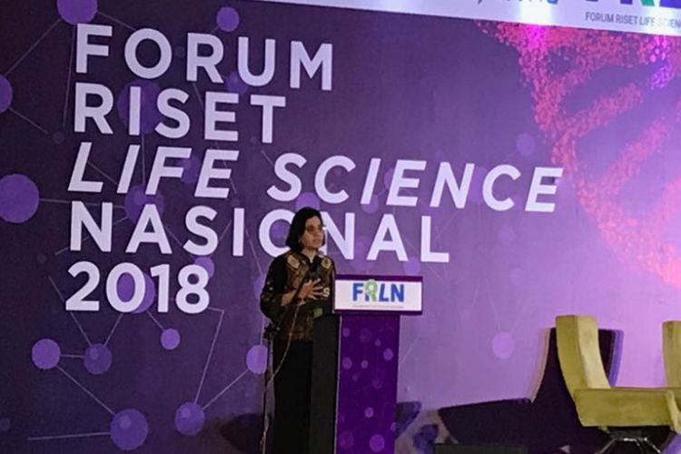 Menteri Keuangan Sri Mulyani Indrawati saat memberi sambutan dalam Forum Riset Life Science Nasional 2018 di Hotel Pullman, Kamis (13/9/2018).