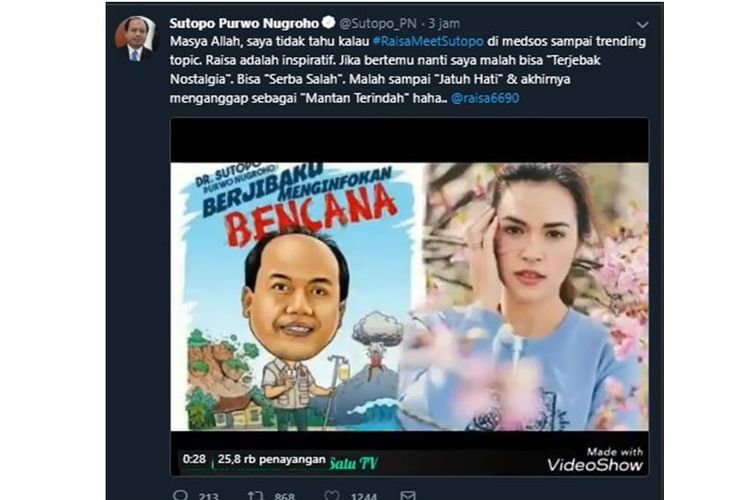 Kapusdatin dan Humas BNPB, Sutopo Purwo Nugroho terkejut melihat tagar #RaisaMeetSutopo sempat menjadi trending di media sosial Twitter.
