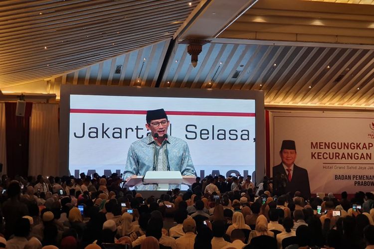 Sandiaga Uno saat membuka acara bertajuk Mengungkap Fakta-fakta Kecurangan Pilpres 2019 di Hotel Grand Sahid Jaya, Jakarta, Selasa (14/5/2019).