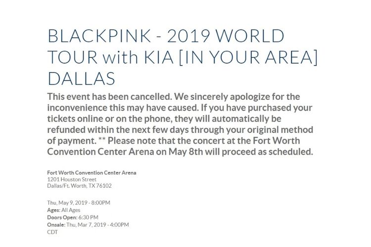 Informasi mengenai pembatalan konser BLACKPINK di Dallas, AS, pada 8 Mei 2019.