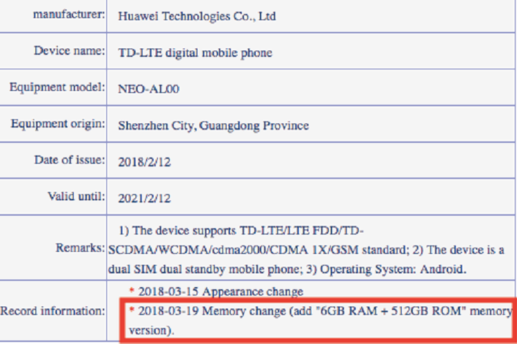 Spesifikasi ponsel dengan memori jumbo milik Huawei mulai terungkap.