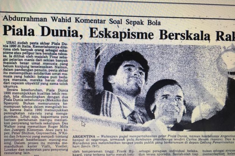 Tulisan Gus Dur soal Piala Dunia 1990 tertuang di Harian Kompas terbitan 11 Juli 1990.