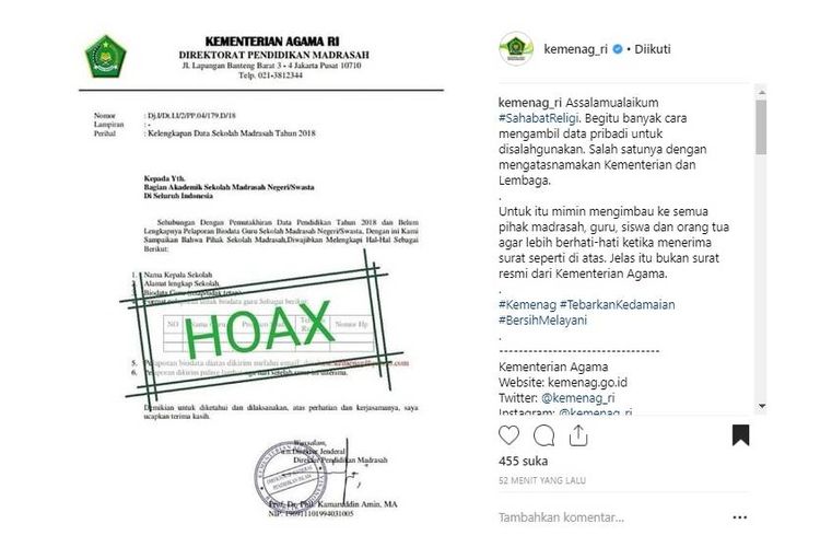 Beredar surat edaran yang mengatasnamakan pihak Kementerian Agama RI dengan modus mengambil data pribadi.