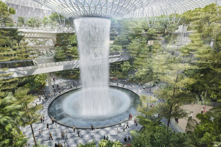 Rain Vortex, air terjun dalam ruang tertinggi di dunia akan hadir di Jewel, Bandara Changi Singapura pada 2019. 