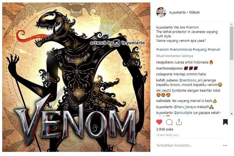 Komikus Indonesia, Is Yuniarto, membuat fan art desain wayang Venom yang dinamainya Wisashura dari kata Wisata/Bisa yang berarti racun.