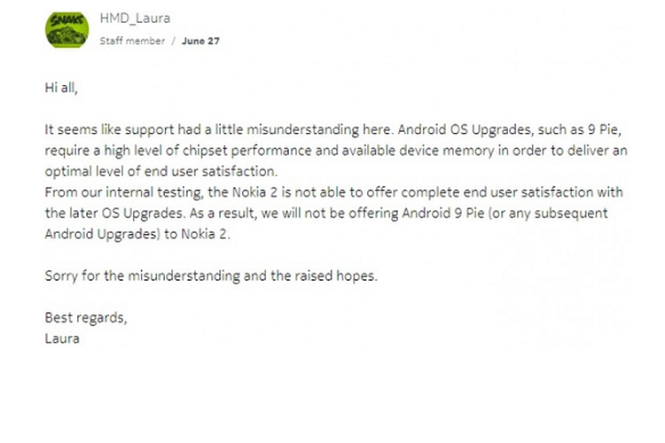 Klarifikasi HMD Global yang mengatakan Nokia 2 tidak akan mendapatkan pembaruan Android 9 Pie dan seterusnya.
