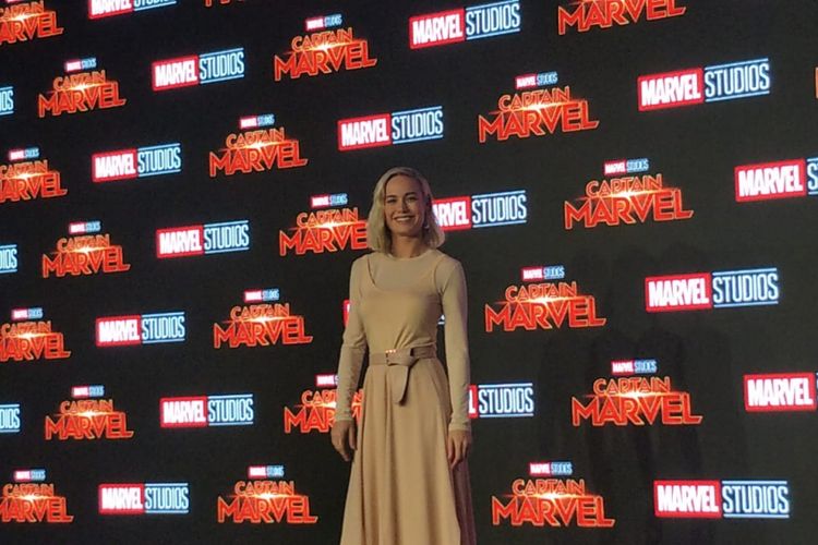 Brie Larson dalam Press Converence Film Captain Marvel yang digelar di Marina Bay Sands, Singapura, (14/2/2019).