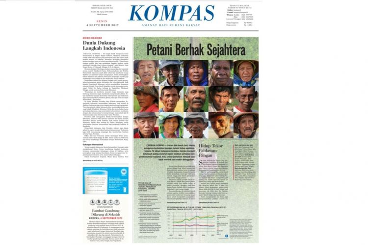 Halaman depan harian Kompas edisi 4 September 2017 yang meraih emas ategori The Best Front Page National Newspaper, Indonesia Print Media Awards (IPMA), di Padang, Sumatera Barat, Rabu (7/2/2018).