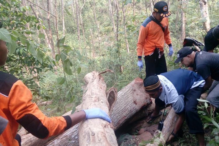 Tim Satlinmas Rescue Istimewa Kulon Progo, PMI Kulon Progo, dan warga tengah menolong korban terjepit kayu gelondongan dalam tragedi tergulingnya truk bermuatan kayu di Dusun Klepu, Hargowilis, Kokap, Kulon Progo, DIY. Dua tewas dan lima luka berat akibat kecelakaan ini. Warga mendokumentasikan kejadian tersebut dalam foto ini ketika berada di lokasi kejadian.  (Dokumentasi warga)