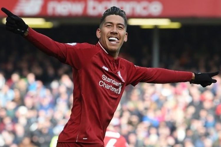 Roberto Firmino merayakan gol di salah satu pertandingan Liga Inggris, Sabtu (27/4/2019)