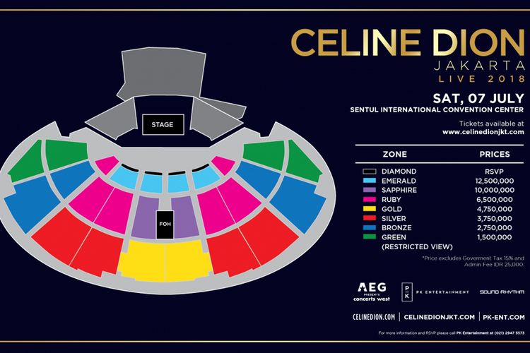 Harga tiket konser Celine Dion yang diselenggarakan di Sentul International Convention Center pada 7 Juli 2018.