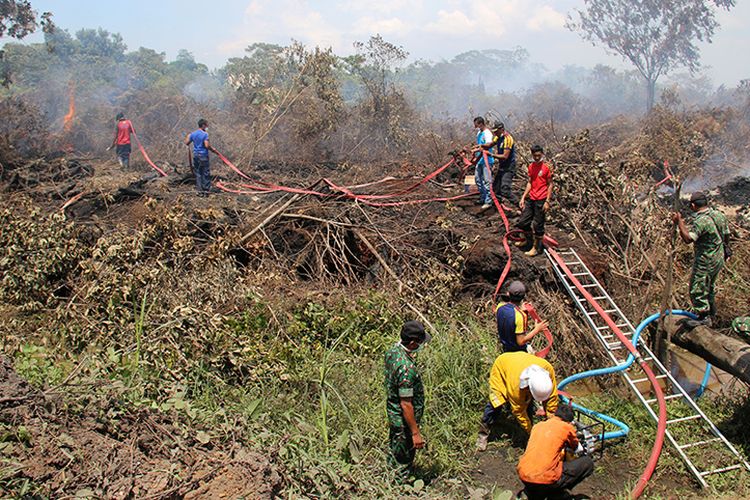 Petugas gabungan dari BPBD dan TNI berupaya memadamkan titik api kebakaran hutan dan lahan gambut di kawasan Desa Peunaga Cut Ujong, Kecamatan Meureubo, Aceh Barat dengan cara menggunakan satu unit mesin pompa air dan armada kebakaran, Selasa (24/10/17).