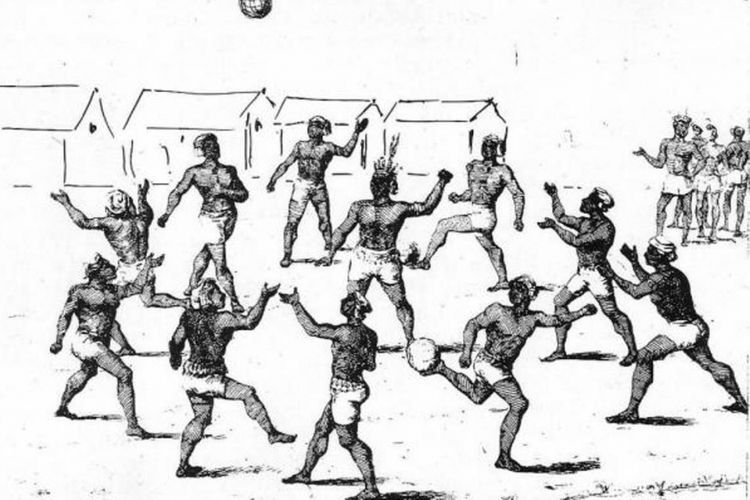 Ilustrasi masyarakat pemburu-pengumpul awal bermain olahraga tim yang mengasah keterampilan tempur untuk digunakan dalam pertempuran. 