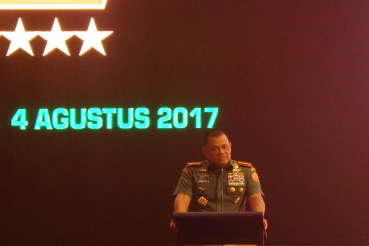 Panglima TNI Jenderal Gatot Nurmantyo saat memberikan materi pada acara Rapimnas Partai Hanura di Kuta, Bali, Jumat (4/8/2017).