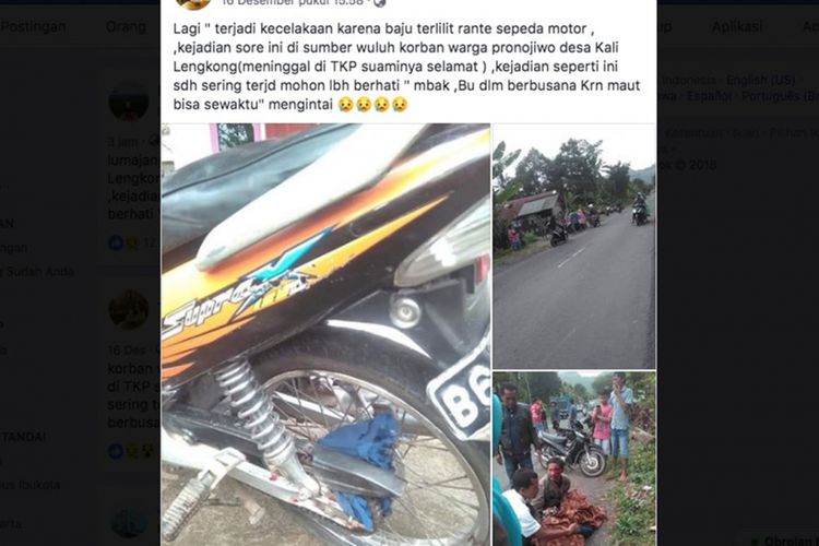 Tangkapan layar dari halaman Facebook yang memperlihatkan peristiwa kecelakaan akibat tersangkut rantai motor