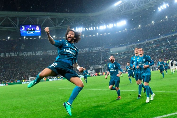Marcelo merayakan gol ketiga Real Madrid ke gawang Juventus pada pertandingan perempat final Liga Champions di Stadion Allianz, Selasa (3/4/2018). 