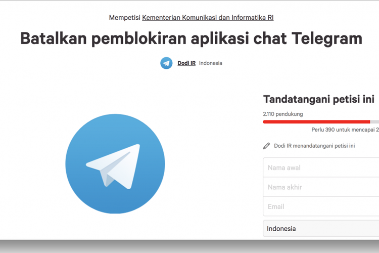 Petisi online lawan pemblokiran Telegram.