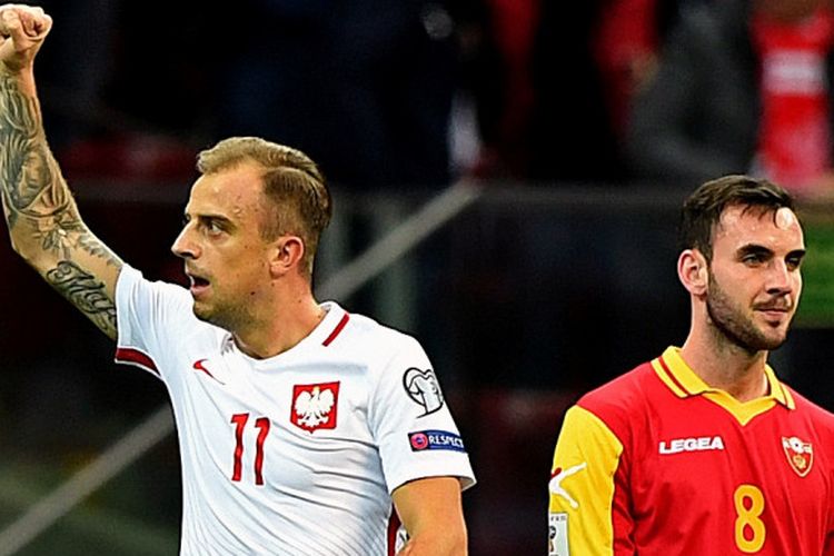 Pemain sayap Tim Nasional Polandia, Kamil Grosicki, melakukan selebrasi setelah mencetak gol ke gawang Montenegro di laga penentuan kualifikasi Piala Dunia 2018 Grup E di Stadion Narodowy, Minggu (8/10/2017).