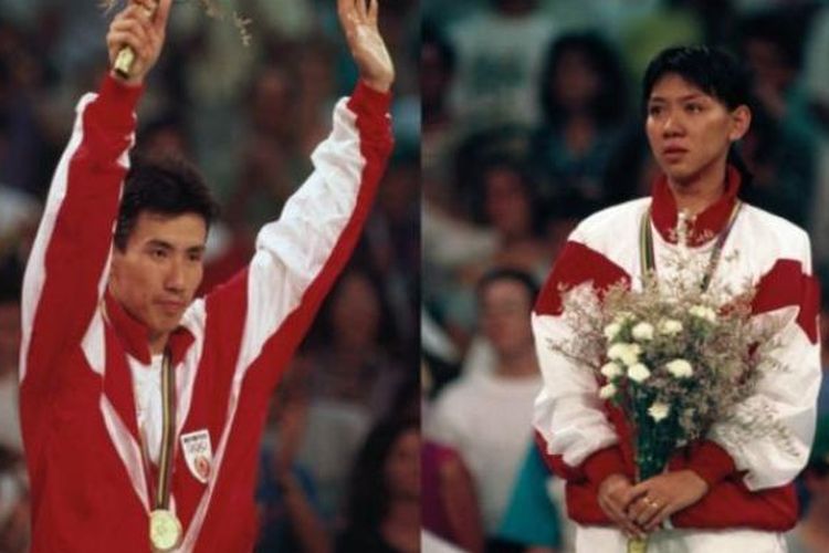 Kolase pebulu tangkis tunggal putra Alan Budikusuma (kiri) dan pemain tunggal putri Susy Susanti saat meraih medali emas Olimpiade Barcelona 1992.