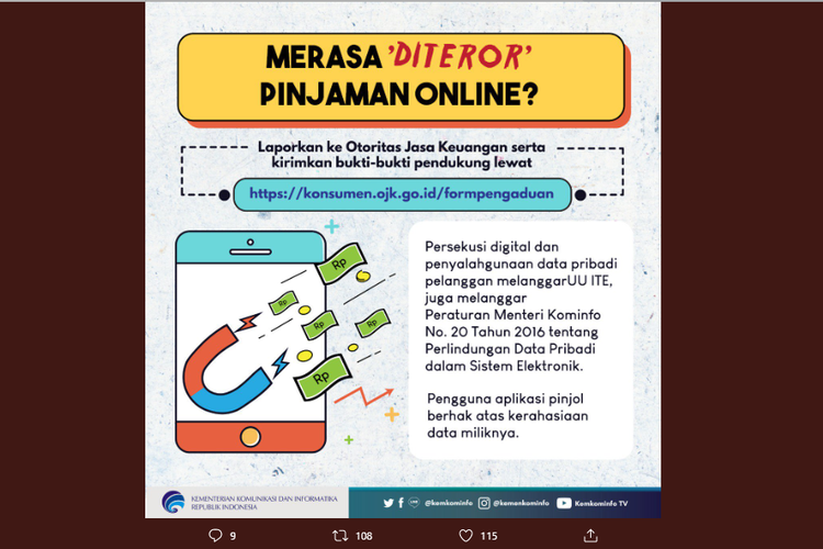 Imbauan dari Kementerian Kominfo untuk melaporkan jika diteror oleh fintech atau pinjaman online nakal.