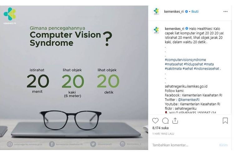 Kemenkes ingatkan rumus 20-20-20 untuk mencegah kelelahan pada mata akibat terlalu lama menatap monitor komputer atau ponsel.
