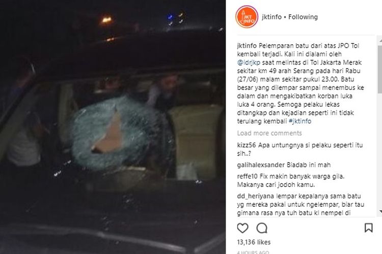 Pelemparan batu di jalan tol kembali terjadi. Kali ini di tol Jakarta-Merak km 49, Rabu (27/6/2018) pukul 23.00.