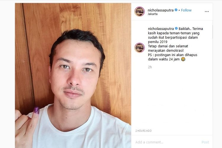 Artis peran Nicholas Saputra memenuhi janji mengunggah swafoto di akun Instagram-nya, @nicholassaputra, untuk menunjukkan bahwa ia sudah menggunakan hak suara, Rabu (17/4/2019).