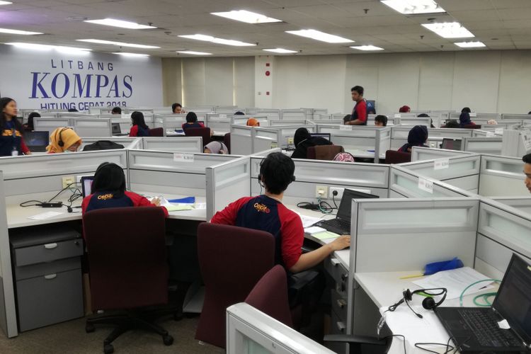 Salah satu kompartemen war room Litbang Kompas dalam hitung cepat atau quick count Pilkada 2018. Ruangan ini terbagi dalam 3 kompartemen utama yang mewakili tiga wilayah yang dilakukan hitung cepat, yaitu kompartemen Jawa Barat, Jawa Tengah dan Jawa Timur. 