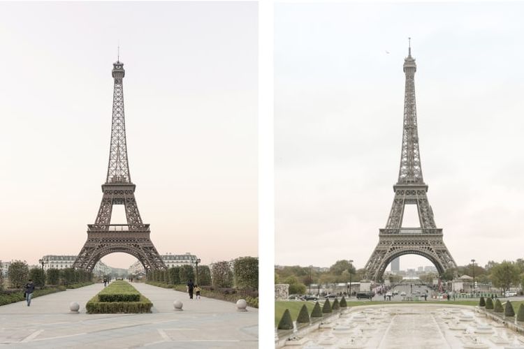 Menara Eiffel asli (kanan) dan tiruannya (kiri) di Tianducheng, Hangzhou, China. Kawasan ini dengan sengaja menjiplak Kota Paris, Perancis. 