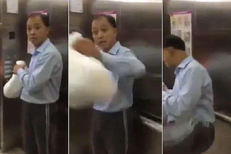 Tangkapan layar video saat terdakwa pria Singapura menghina seorang pria India di dalam lift dengan sebutan bau dan kotor.