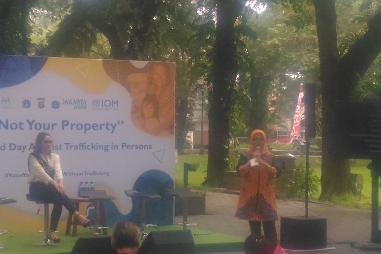 Asisten Deputi Perlindungan Hak Perempuan dari Tindan Pidana Perdagangan Orang (TPPO) Kementerian PPPA, Destri Handayani, saat membuka kampanye publik Anti Perdagangan Orang di Taman Suropati, Jakarta Pusat, Jumat (2/8/2019). 