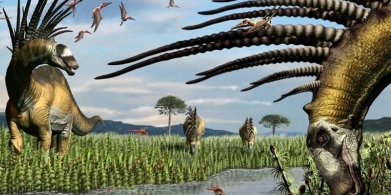 Ilustrasi Bajadasaurus pronuspinax, dinosaurus jenis baru yang ditemukan di Argentina pada 2013. Sangat unik, mereka memiliki punggung berduri dengan gaya mohawk.