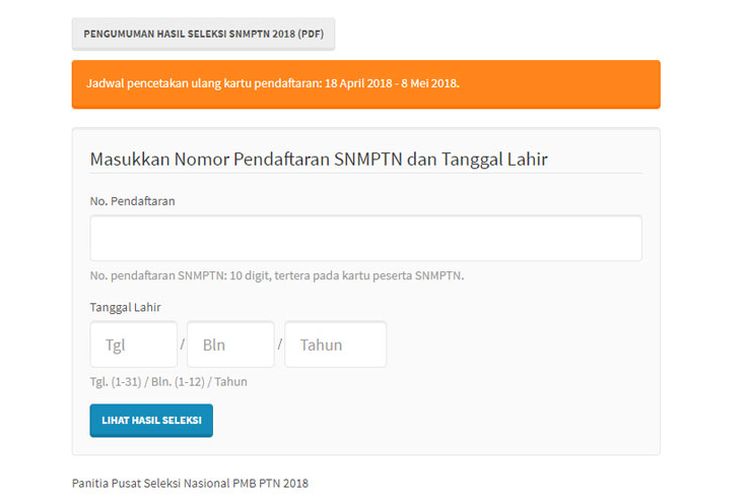 Hasil SNMPTN 2018 dapat diakses melalui laman resmi http://pengumuman.snmptn.ac.id/