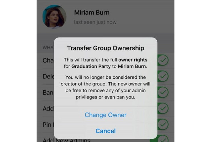 Fitur baru Telegram yang memungkinkan admin grup menyerahkan hak dan kontrolnya kepada admin baru yang telah ditunjuk.
