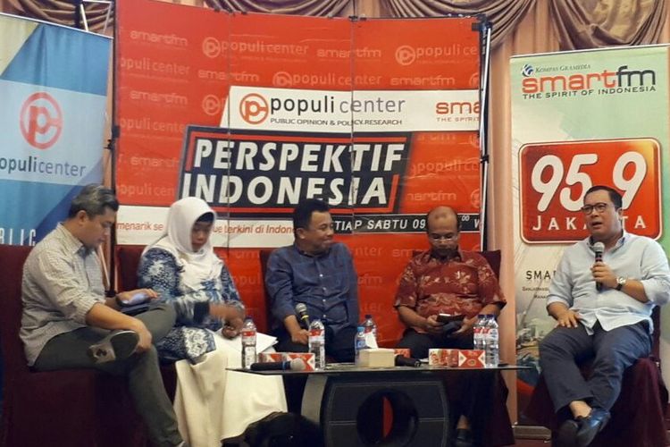 Acara diskusi Populi Center dan Smart FM di Gado-Gado Boplo, Menteng, Jakarta, Sabtu (19/8/2017).