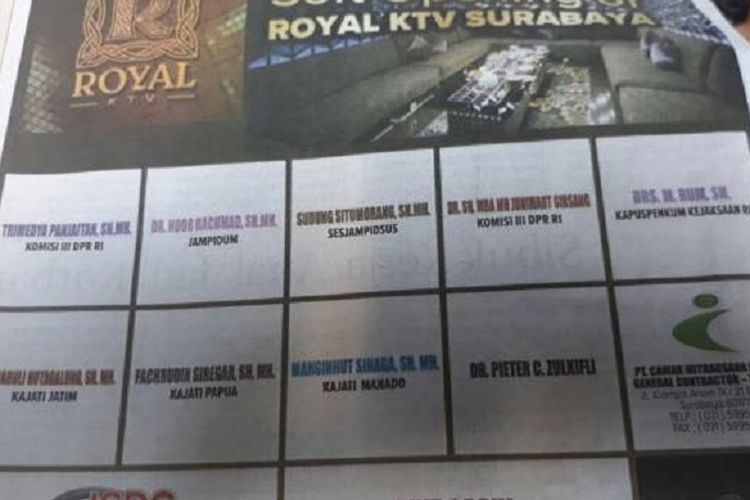 Iklan ucapan selamat untuk pembukaan tempat karaoke di Surabaya yang memuat nama-nama para pejabat kejaksaan di sebuah koran.
