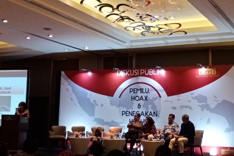 Acara diskusi bertajuk Pemilu, Hoaks, dan Penegakan Hukum, di Hotel Pullman, Jakarta Pusat, Selasa (15/1/2019). 