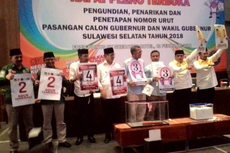 Pengundian nomor urut paslon Gubernur dan Wakil Gubernur Sulsel berlangsung di Hotel Seraton Makassar, Selasa (13/2/2018).
